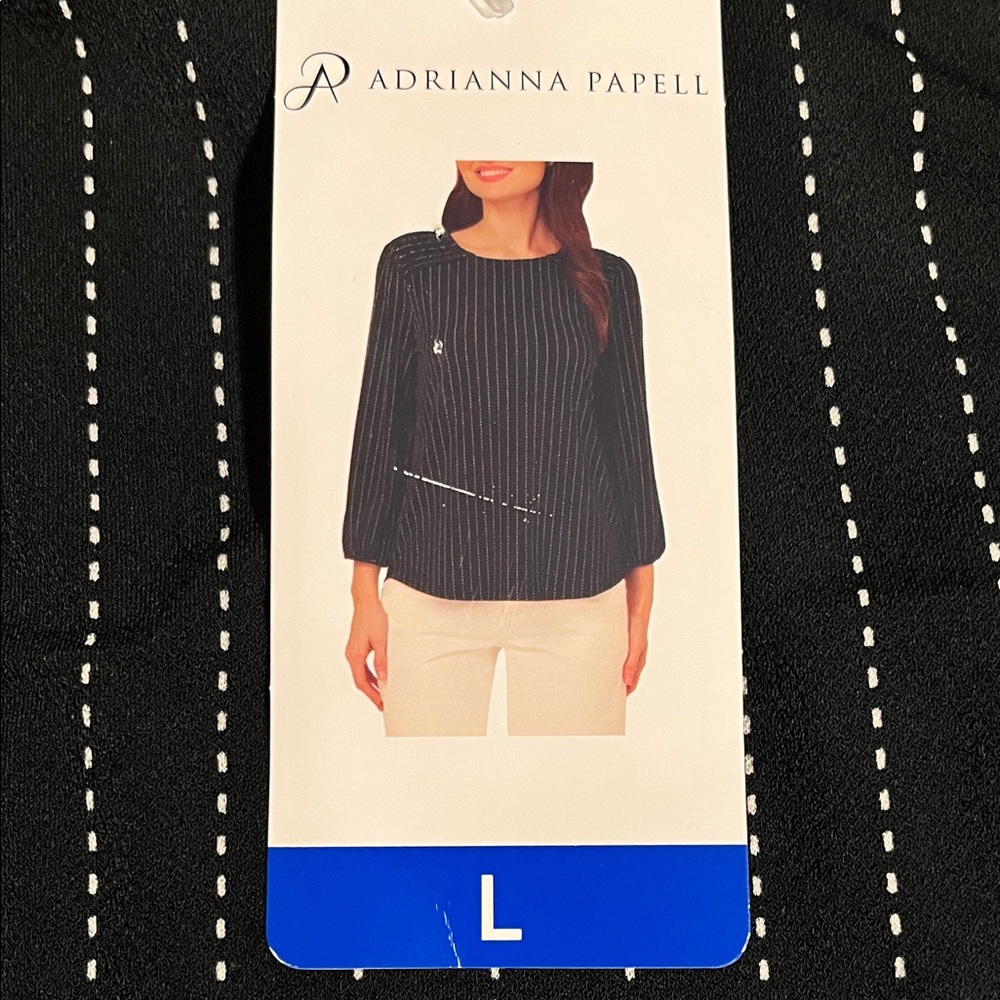 NWT Adrianna Papell long Sleeve Black and White Pinstripe Blouse Size L